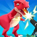 Punainen dinosaurushahmo kohtaa laseraseen, jossa näkyy kirkas valopurkaus