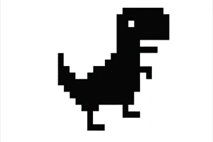 Mustavalkoinen pikselityylinen dinosaurus valkoisella taustalla