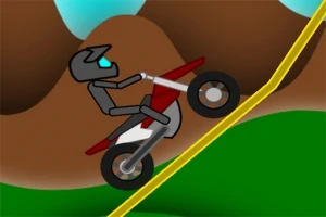 Animoitu hahmo ajaa motocross-pyörällä jyrkkää rinnettä ylös värikkäässä maisemassa