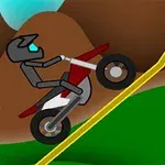 Animoitu hahmo ajaa motocross-pyörällä jyrkkää rinnettä ylös värikkäässä maisemassa