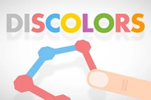 Värikäs teksti DISCOLORS taustallaan geometrinen sinisten ja punaisten muotojen kuvio, jonka oikeassa alareunassa on piirretty sormi