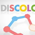 Värikäs teksti DISCOLORS taustallaan geometrinen sinisten ja punaisten muotojen kuvio, jonka oikeassa alareunassa on piirretty sormi