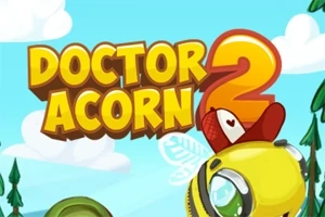 Kirkas ja värikäs kuva, jossa lukee Doctor Acorn 2, taustalla sininen taivas ja pilviä, edessä keltainen mehiläinen