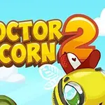 Kirkas ja värikäs kuva, jossa lukee Doctor Acorn 2, taustalla sininen taivas ja pilviä, edessä keltainen mehiläinen