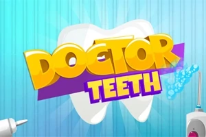 Sarjakuvamainen kuva, jossa lukee Doctor Teeth kirkkailla keltaisilla ja violeteilla kirjaimilla suuren valkoisen hampaan päällä sinisellä raidallisella taustalla; reunassa hammashoitovälineitä