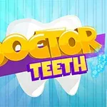 Sarjakuvamainen kuva, jossa lukee Doctor Teeth kirkkailla keltaisilla ja violeteilla kirjaimilla suuren valkoisen hampaan päällä sinisellä raidallisella taustalla; reunassa hammashoitovälineitä