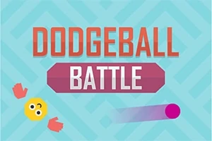 Värikäs graafinen kuva, jossa on iloinen keltainen hymiö, vaaleanpunainen pallo ja tekstit Dodgeball Battle sinisellä taustalla
