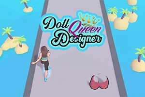Nainen juoksee saarella, jossa on palmuja, ja yllä on teksti Doll Queen Designer