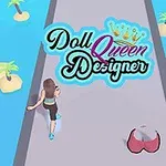Nainen juoksee saarella, jossa on palmuja, ja yllä on teksti Doll Queen Designer