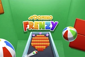 Värikäs kuva, jossa on värikkäitä palikoita sydämen muodossa, ranta­palloja ja teksti ”Domino Frenzy” vihreällä taustalla