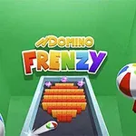 Värikäs kuva, jossa on värikkäitä palikoita sydämen muodossa, ranta­palloja ja teksti ”Domino Frenzy” vihreällä taustalla