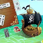 Merellinen domino-aiheinen kuva, jossa on merirosvolaiva, dominonappuloita ja piirroshahmo vedessä