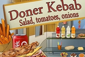 Doner-kebab-kyltti, ranskalaiset, virvoitusjuomatölkki ja kebablihaa täynnä oleva lautanen ravintolassa