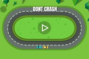 Soikea, harmaa kilparata, jossa sininen ja keltainen auto sekä keskellä vihreä play-kuvake ja DONT CRASH -teksti