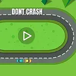 Soikea, harmaa kilparata, jossa sininen ja keltainen auto sekä keskellä vihreä play-kuvake ja DONT CRASH -teksti
