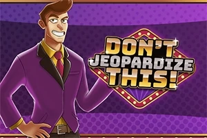 Mies hahmona kirkkaan violetissa puvussa ja keltaisessa kravatissa, taustalla teksti Dont Jeopardize This!