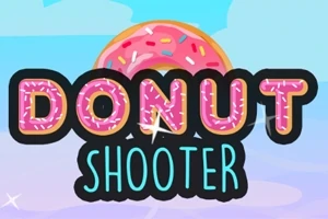Vaaleansininen tausta, jossa on suuri kuorrutettu donitsi ja teksti Donut Shooter