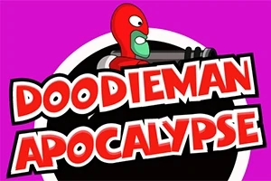 Punainen hahmo, joka pitelee mustaa tykkiä, ja teksti Doodieman Apocalypse purppuraa taustaa vasten