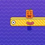 Oranssi kurpitsahahmo seisoo keltaisella tasolla violetilla siksak-taustalla