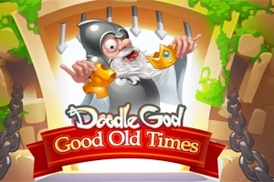 Piirros vanhasta miehestä kypärässä ja parrassa, joka pitää kultaisia esineitä, sekä teksti Good Old Times punaisella nauhalla