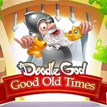 Piirros vanhasta miehestä kypärässä ja parrassa, joka pitää kultaisia esineitä, sekä teksti Good Old Times punaisella nauhalla