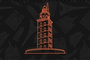 Oranssi viivapiirros majakasta tummalla taustalla, taustalla himmeitä maamerkkisilhuetteja