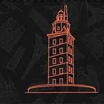 Oranssi viivapiirros majakasta tummalla taustalla, taustalla himmeitä maamerkkisilhuetteja