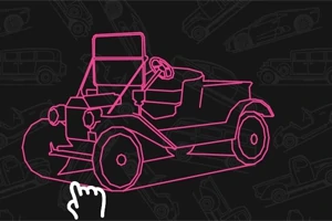 Piirroksessa on vaaleanpunainen ääriviivapiirros vanhanaikaisesta autosta tummalla taustalla, jossa on lisää autojen ääriviivoja, ja alareunassa näkyy osoittava käsi