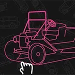 Piirroksessa on vaaleanpunainen ääriviivapiirros vanhanaikaisesta autosta tummalla taustalla, jossa on lisää autojen ääriviivoja, ja alareunassa näkyy osoittava käsi