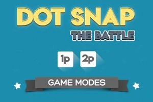 Sinisellä taustalla keltaiset ja harmaat tekstit Dot Snap The Battle, ja alla Game Modes -nauha sekä vaihtoehdot 1p ja 2p