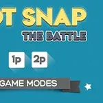 Sinisellä taustalla keltaiset ja harmaat tekstit Dot Snap The Battle, ja alla Game Modes -nauha sekä vaihtoehdot 1p ja 2p
