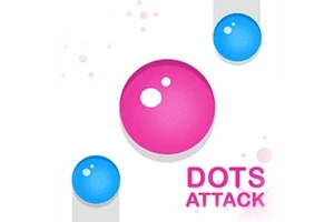 Vaalealla taustalla on iso vaaleanpunainen pallo ja kaksi pienempää sinistä palloa sekä teksti Dots Attack