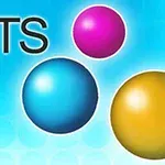 Kolme värikästä palloa sinisellä taustalla, vieressä teksti DOTS
