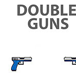 Teksti DOUBLE GUNS ja kaksi sinivalkoista asetta valkoisella taustalla