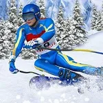 Alppilaskettelija sinisessä asussa laskemassa lumista rinnettä alas, taustalla lumisia puita