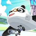 Pandamuotoinen lentokone, jolla on suojalasit, lentää lentokentän yllä taustallaan ohjaustorni
