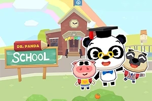 Sarjakuvatyylinen kuva, jossa kolme eläinhahmoa, panda, possu ja koira, seisovat koulun edessä sateenkaaritaustalla