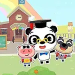 Sarjakuvatyylinen kuva, jossa kolme eläinhahmoa, panda, possu ja koira, seisovat koulun edessä sateenkaaritaustalla