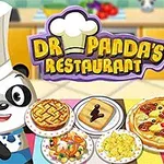 Panda kokinhatussa seisoo pöydän ääressä, jossa on erilaisia ruokalajeja kuten pizzaa, piirakkaa ja pastaa