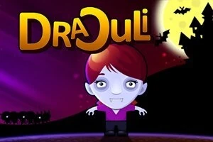 Animoitu hahmo vampyyrinä taustalla täysikuu, lepakot ja linna, yläpuolella otsikko kirkkain kirjaimin