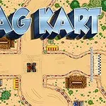 Hiekkaradalla on karting-auton ajoreitti, ylhäällä teksti Drag Kart ja ympärillä puita sekä esteitä