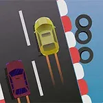 Kaksi autoa kiitää rinnakkain kilparadalla, jota ympäröivät renkaat ja kaiteet