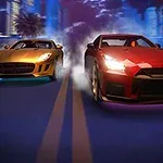 Kaksi urheiluautoa kilpailee yöllä kaupungin kaduilla, kultainen ja punainen auto etualalla savun noustessa renkaista