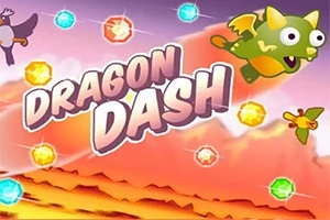 Vihreä lohikäärme lentää värikkäiden jalokivien ja oranssin taustamaiseman keskellä, keskellä teksti Dragon Dash