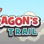 Piirros punaisesta lohikäärmeestä pilvisen taivaan edessä tekstillä Dragons Trail