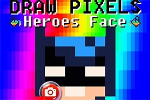 Pikselöity supersankarin kasvokuva kontrastisilla taustaväreillä ja yläreunassa tekstit DRAW PIXELS ja Heroes Face