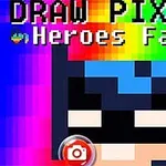 Pikselöity supersankarin kasvokuva kontrastisilla taustaväreillä ja yläreunassa tekstit DRAW PIXELS ja Heroes Face