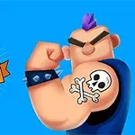 Mieshahmo, jolla on piikikäs ranneke ja pääkallotatuointi, poseeraa lihaksikkaana sinisellä taustalla