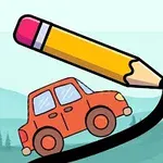 Punainen auto ajaa suuren kynän piirtämää mustaa viivaa pitkin vuoristomaisemassa