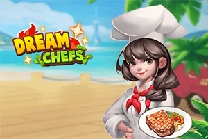 Naishahmo kokinasussa pitää lautasella pihviä rannalla, ja taustalla on teksti Dream Chefs